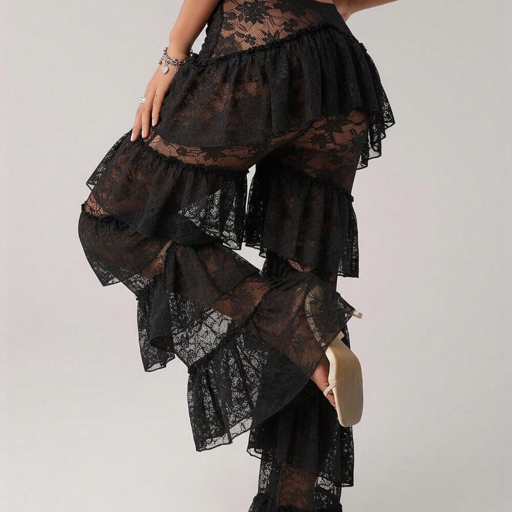 Black Y2k Women's Sexy Low Waist Western Party Pants with Ruffle Hem - Picture 2 of 6